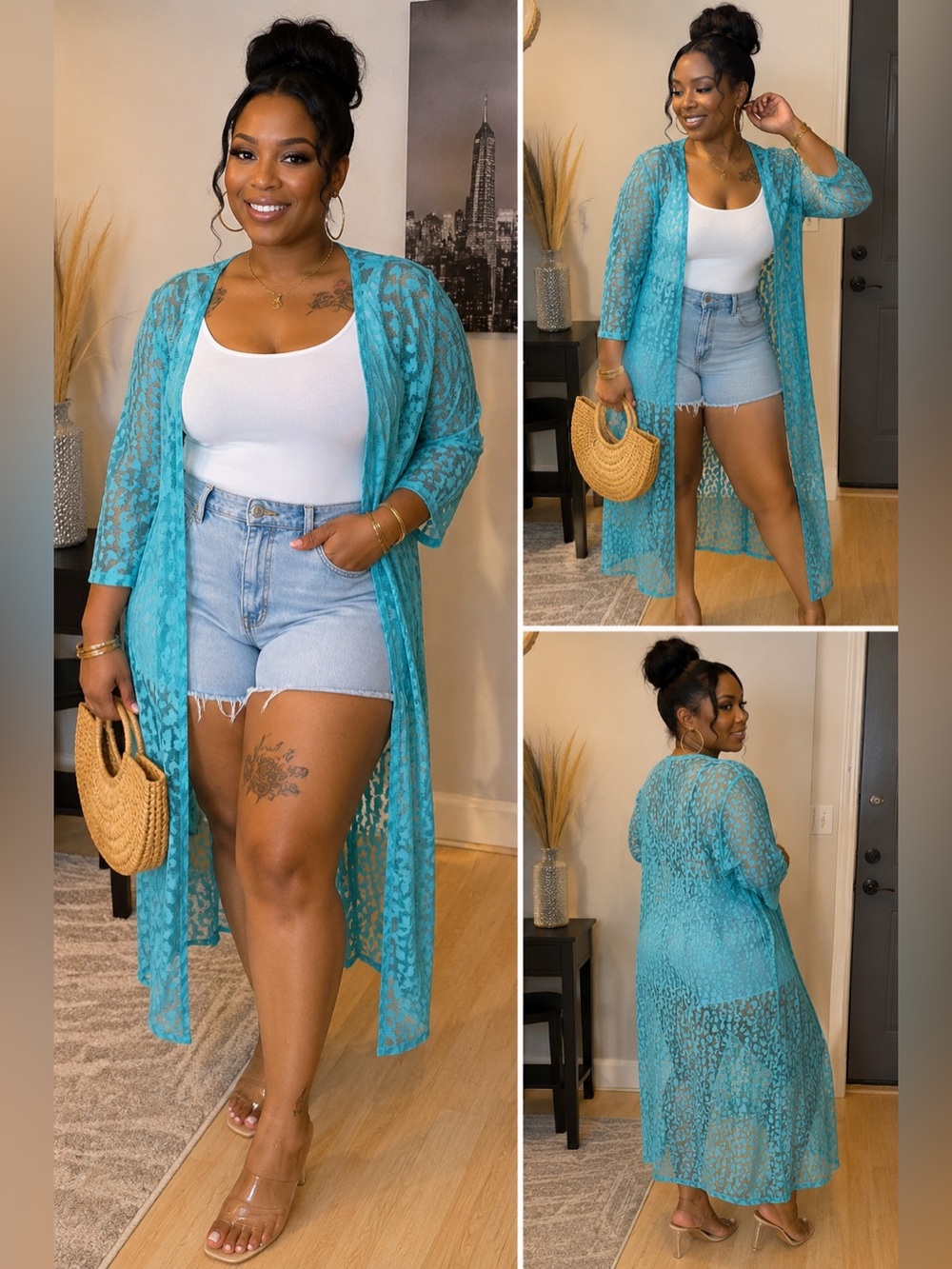 Sheer Lace Duster Cover-Up in Turquoise - Women Swim